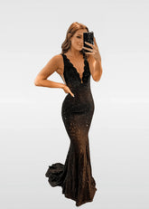 Evangeline | Glitter Black Lace Mermaid V Neck Prom Dress Sequin with Rhinestone - Black - PromDressClub